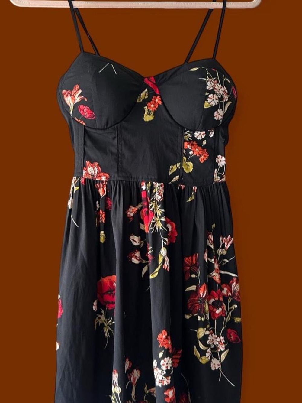 Band of Gypsies Black Floral Midi Dress with Red and Cream Blooms